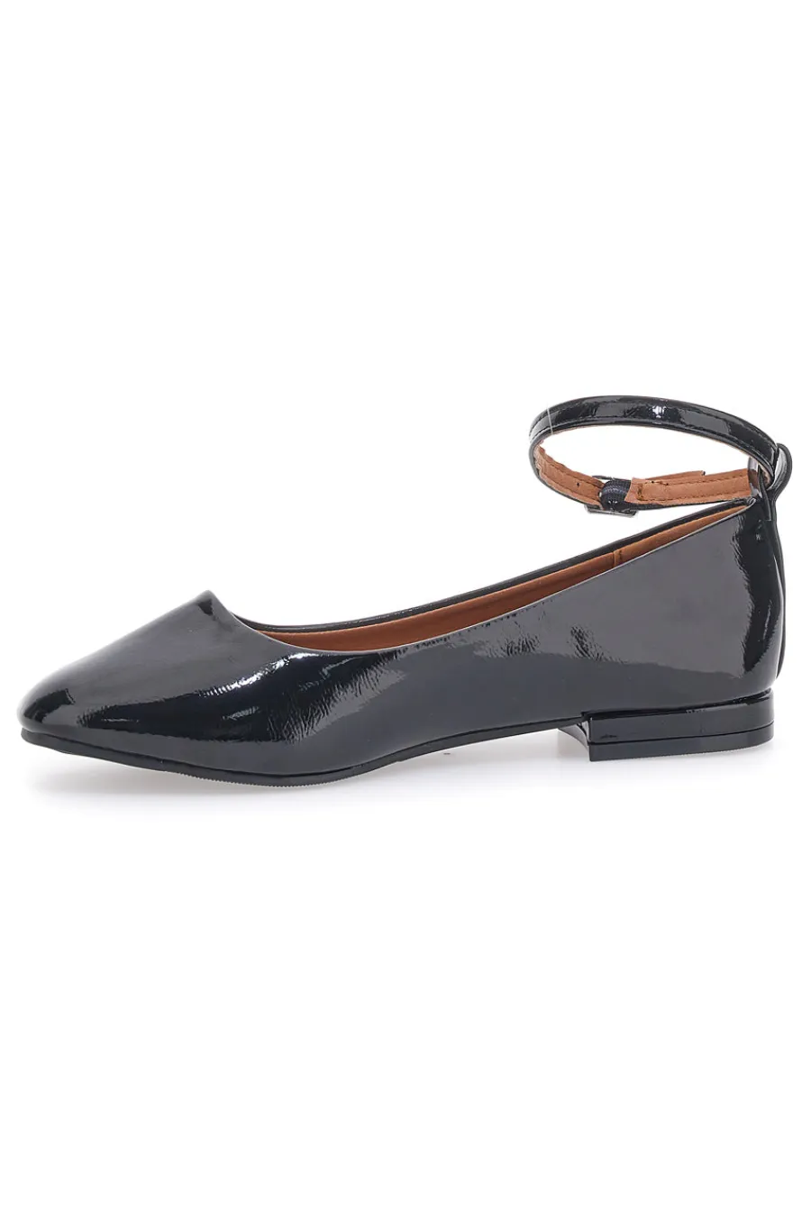 THE FIRST Ballerine Nere Effetto Vernice con Cinturino e Tacco Comodo IDE1075