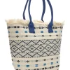 Donna BASILE Borsa in tessuto bianco con manici blu e motivo etnico BA24601