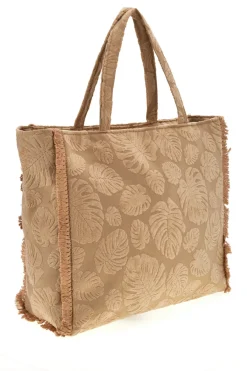 Donna BASILE Borsa Mare Beige in Tessuto con Stampa Foglie e Frange CLASS BA22208
