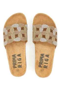 PRIMA RIGA Braune Slipper mit verziertem Band 14224 CAMEL Sale
