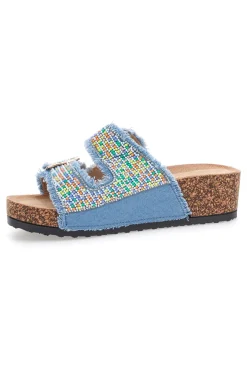 DAME ROSE Ciabatte azzurre effetto jeans con dettagli multicolor e fibbie APY66 BLUE Hot
