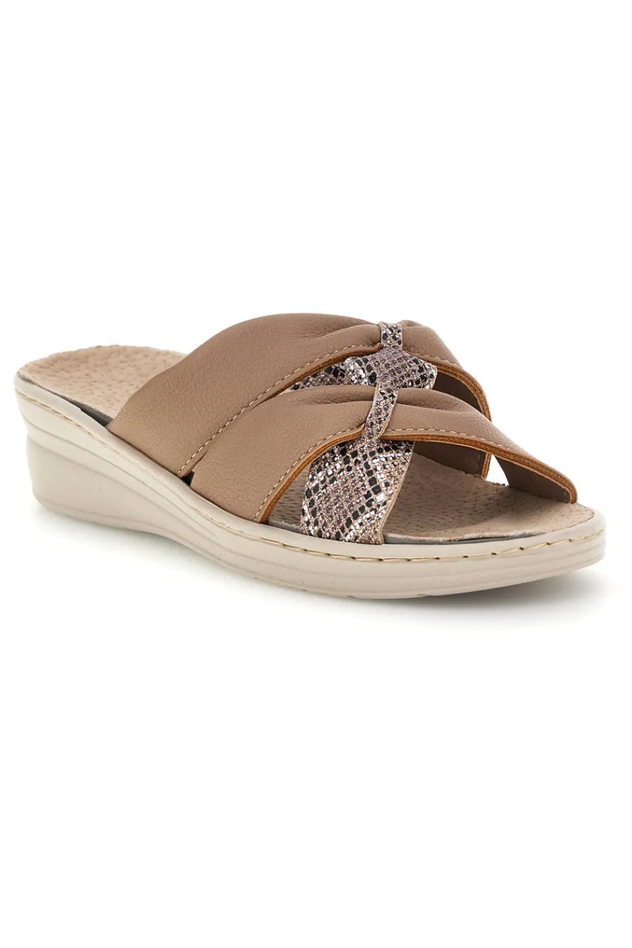 PRIMA RIGA Ciabatte beige con fasce incrociate, inserti animalier e soletta estraibile 11 Clearance