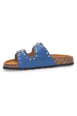 PITTARELLO SUN Ciabatte blu in denim con borchie e doppia fibbia SR001 JEANS New