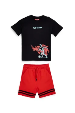 PITT KIDS Completo nero e rosso con t-shirt e shorts PT-B-T-90