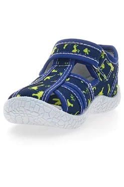 PITT KIDS PK92D Blaue Sandalen für die ersten Schritte mit gelben Dinosauriern, geschlossene Zehenpartie