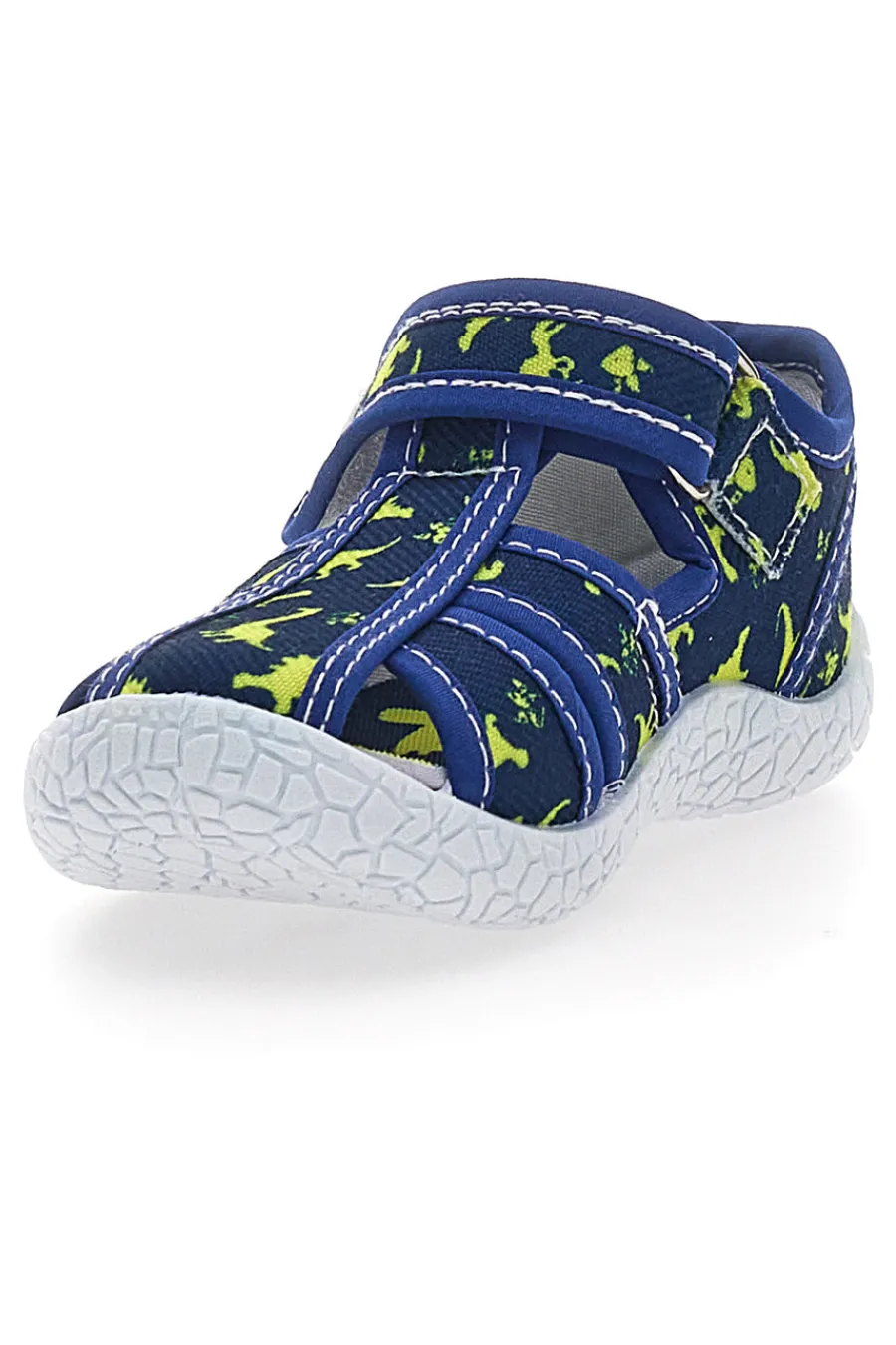 PITT KIDS PK92D Blaue Sandalen für die ersten Schritte mit gelben Dinosauriern, geschlossene Zehenpartie