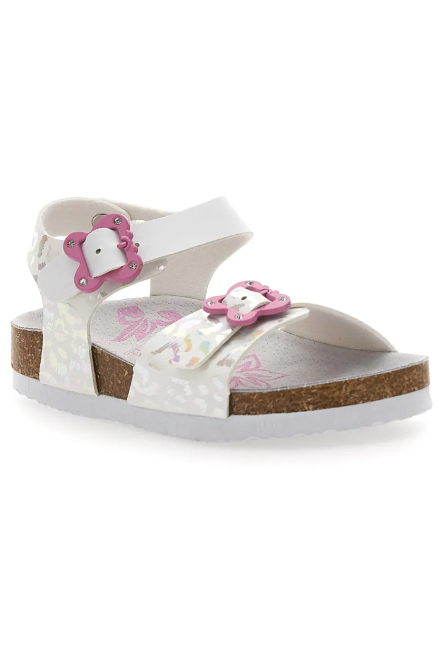 PITT KIDS Sandali bianchi leopardati con fibbie rosa 14505