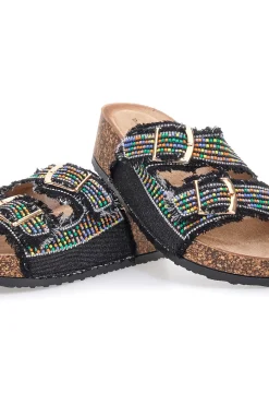 DAME ROSE Sandali neri con perline multicolor e doppia fibbia APY66 NERO Hot