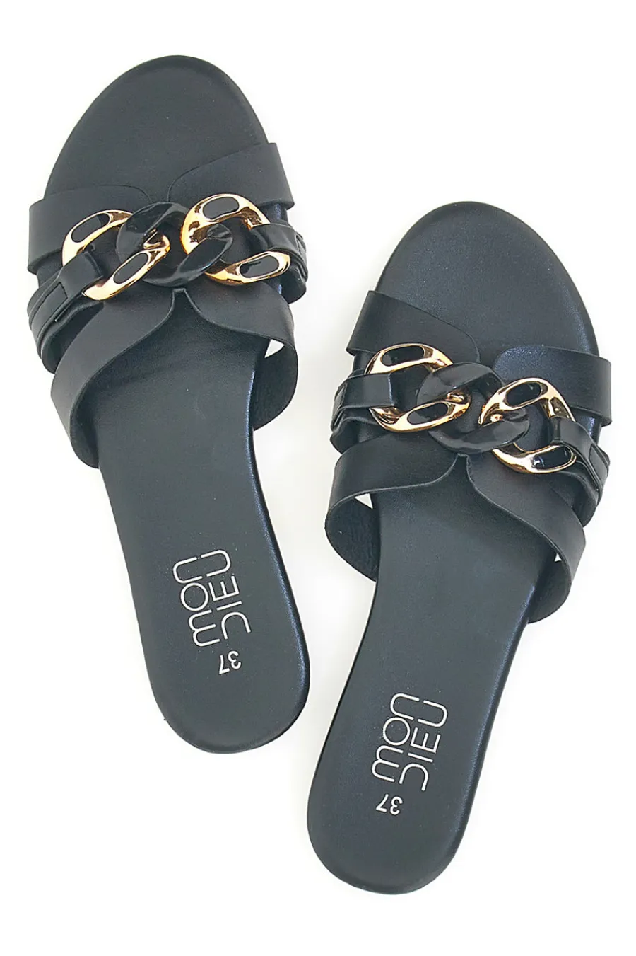 MON DIEU e flache Hausschuhe mit goldener Schnalle PREA1320 SCHWARZ Discount