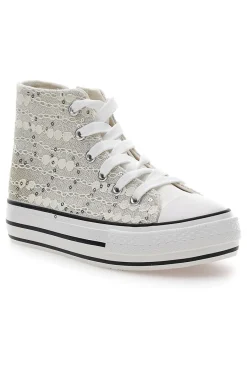 ENERGY Sneakers alte bianche con pizzo e paillettes E106