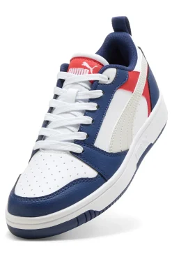 PUMA Sneakers bianche blu e rosse stile basket Rebound V6 Lo Jr