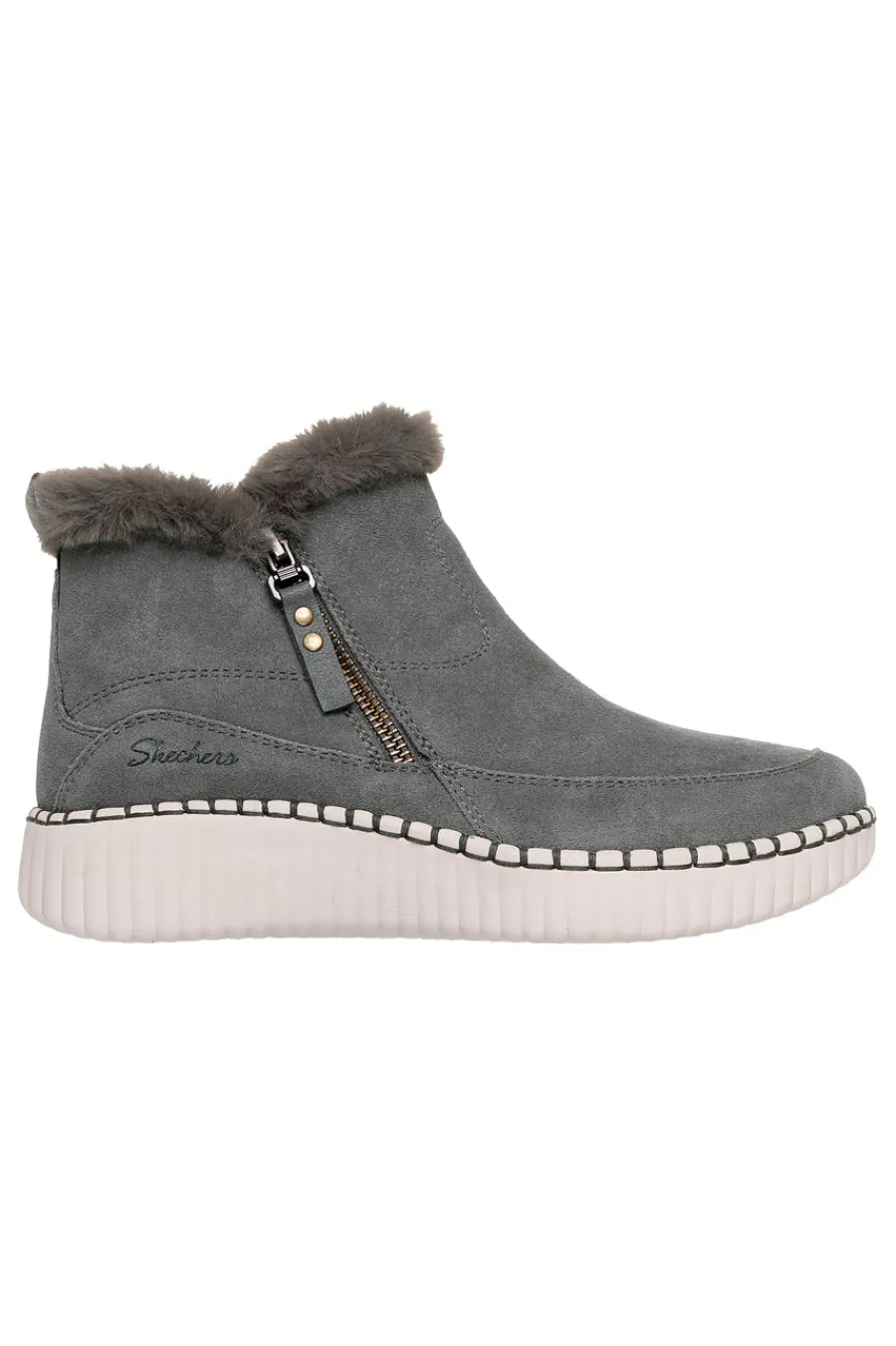 SKECHERS Stivaletti grigi in suede con pelliccia e Memory Foam Wilshire Blvd Fresh Zip VERDE Outlet