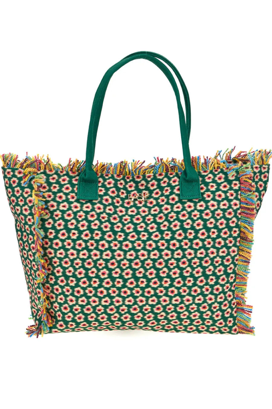 Donna BASILE Strandtasche aus grünem Stoff mit Blumendruck und mehrfarbigen Fransen CLASS BA22214