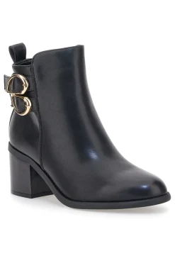 THE FIRST P635 e Stiefeletten mit Absatz und doppelter goldener Schnalle SCHWARZ New
