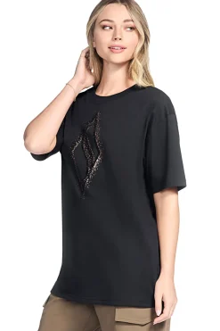 Donna SKECHERS T-hirt nera in jerey con tapa etaizzata T264