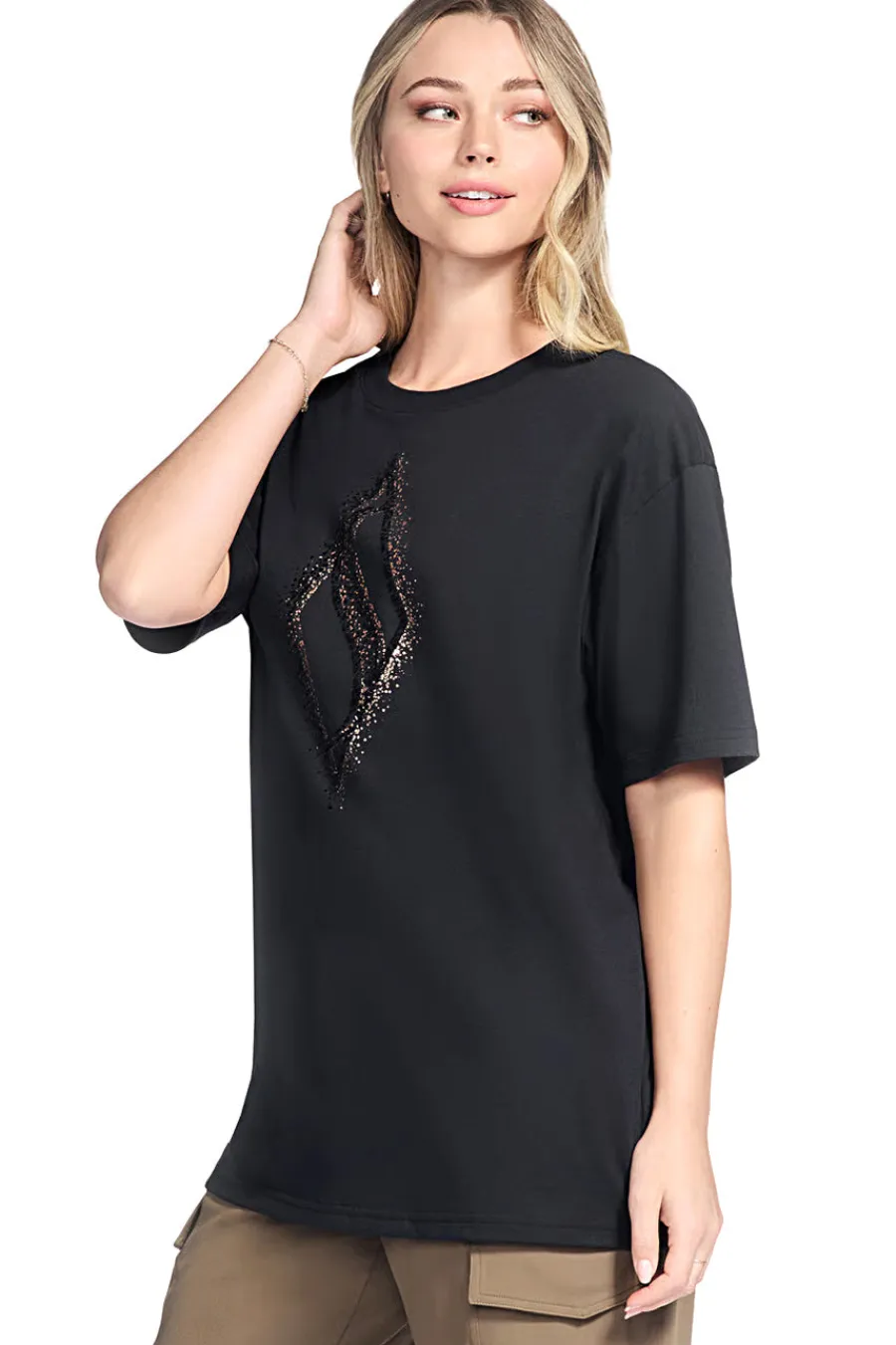 Donna SKECHERS T-hirt nera in jerey con tapa etaizzata T264