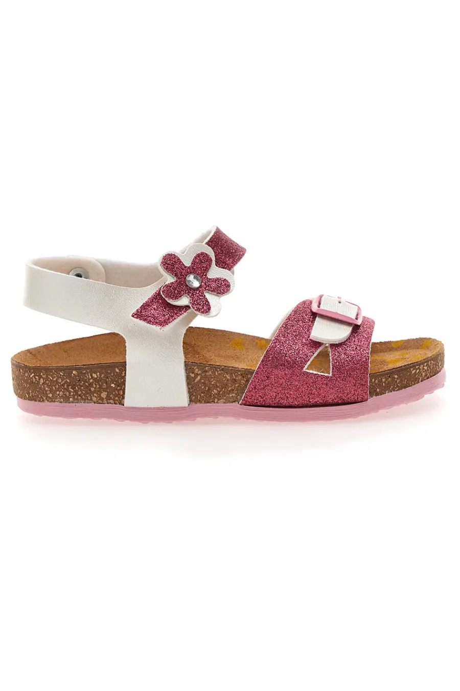 PITTARELLO BIO Weiße und fuchsiafarbene Sandalen mit Glitzerblume 257A084SR