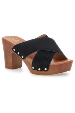 GALIA Zoccoli neri con fasce incrociate e base effetto legno MY0C SCHWARZ Outlet